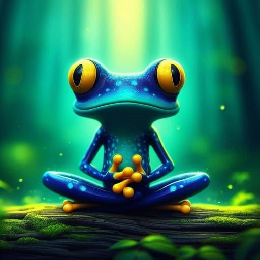 Whimsical Digital Frog in Yogi Pose with Glowing Eyes