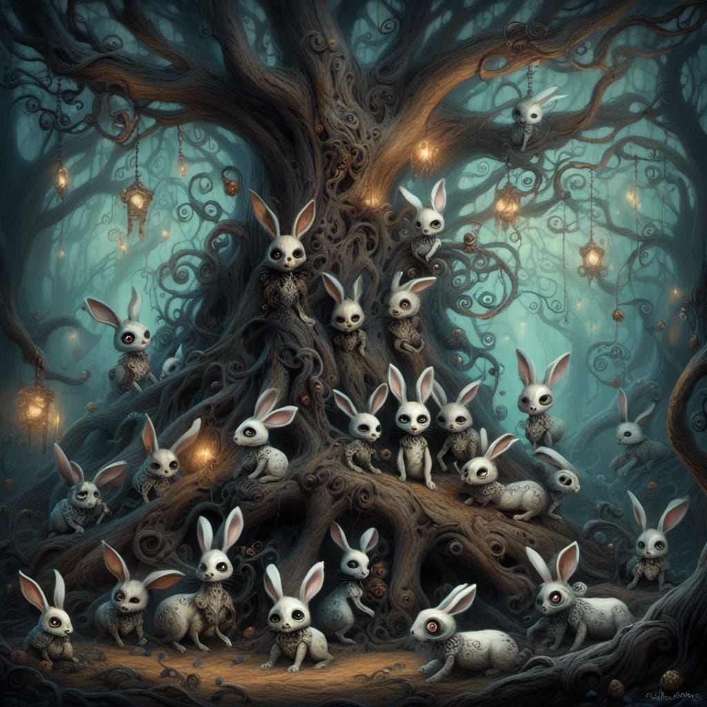 Mystical Sugar Skull Rabbits in Whimsical Forest