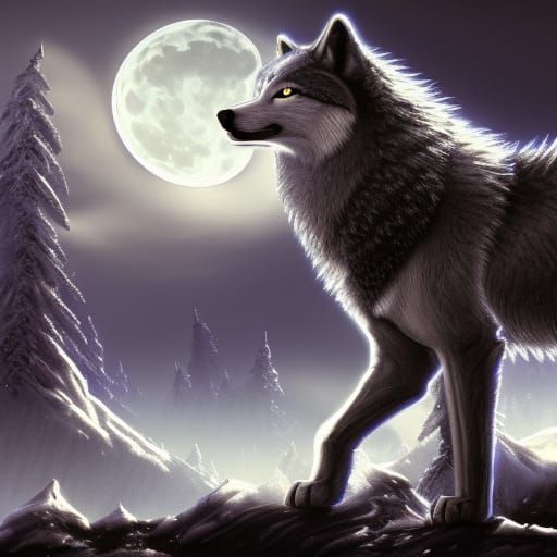 Intricate Wolf in Silver Moonlight: Fantasy Concept Art