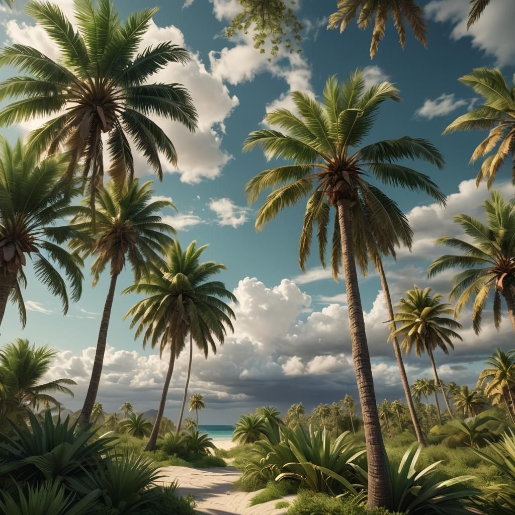 Lush Palm Trees on Desert Island: Hyperrealistic Digital Art