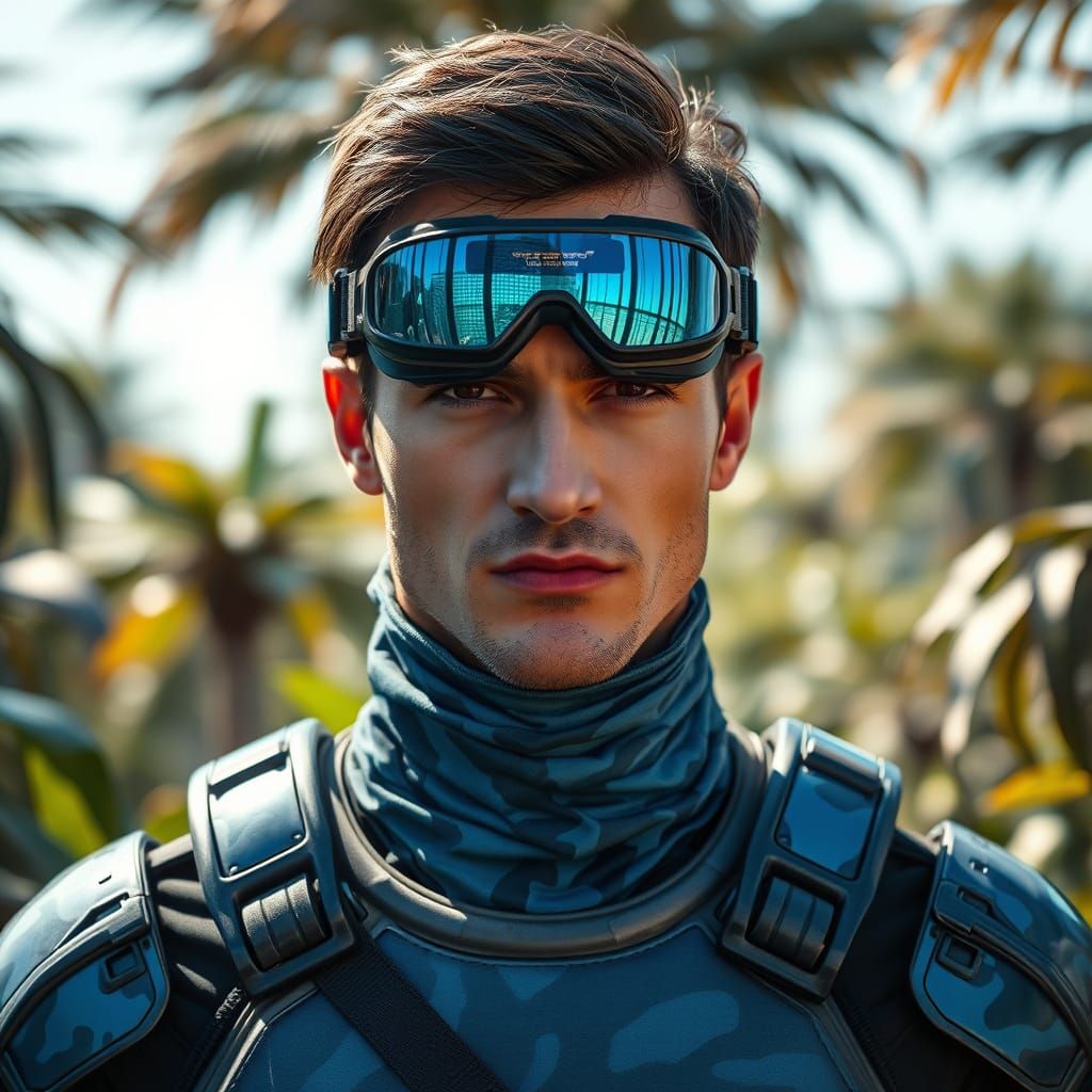 Man in Cyberpunk Armor in Alien Jungle