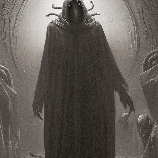 Eerie Faceless Demon Surrounded by Snakes and Fire