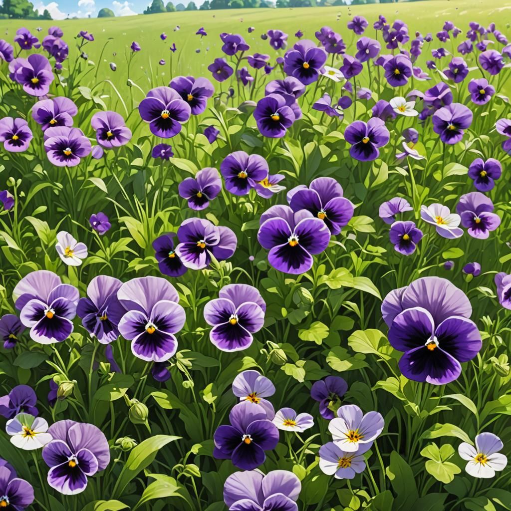 Anime Meadow Scene with Pansies and Bee