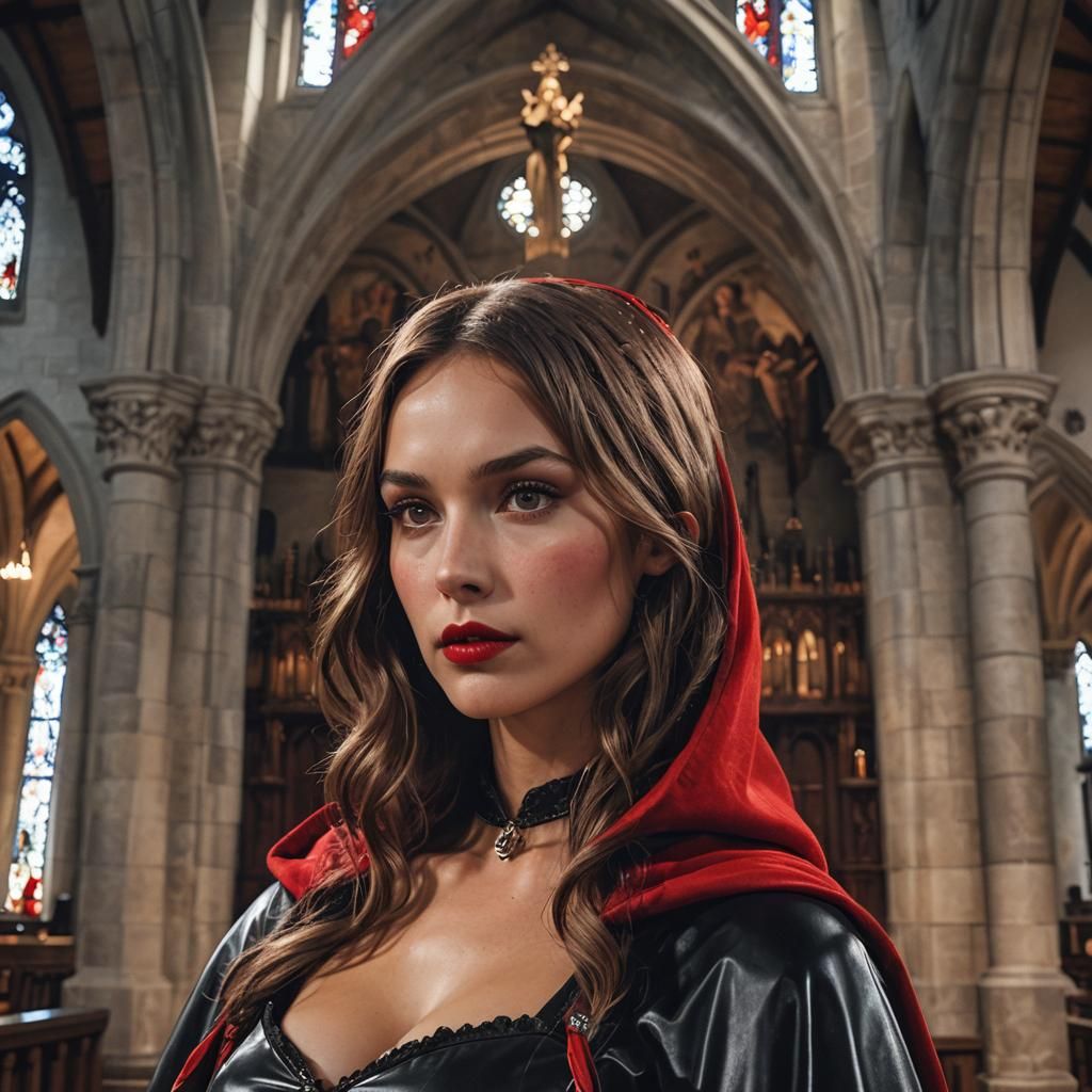 Rachel Cook as Red Riding Hood in Church