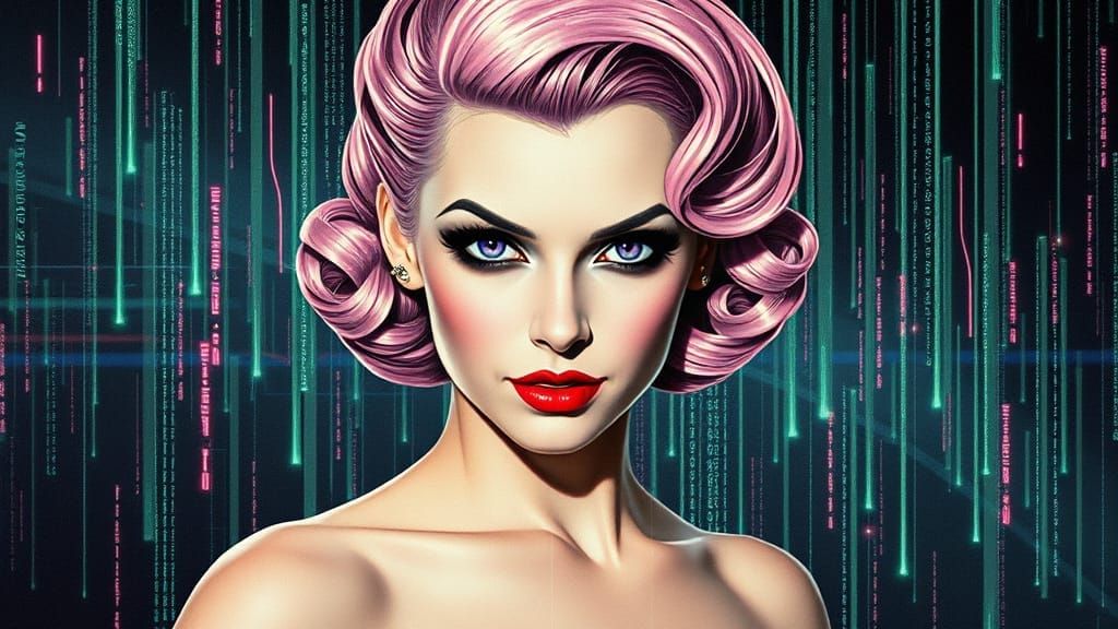 Digital Pin-Up Avatar in Dürer-Inspired Glitch Art