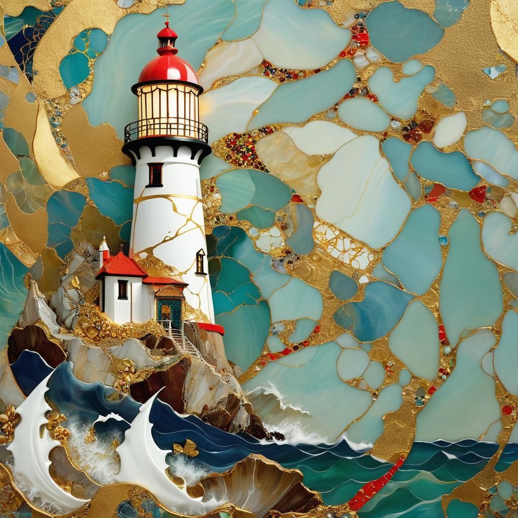 Kintsugi Lighthouse Ocean in Klimt Style