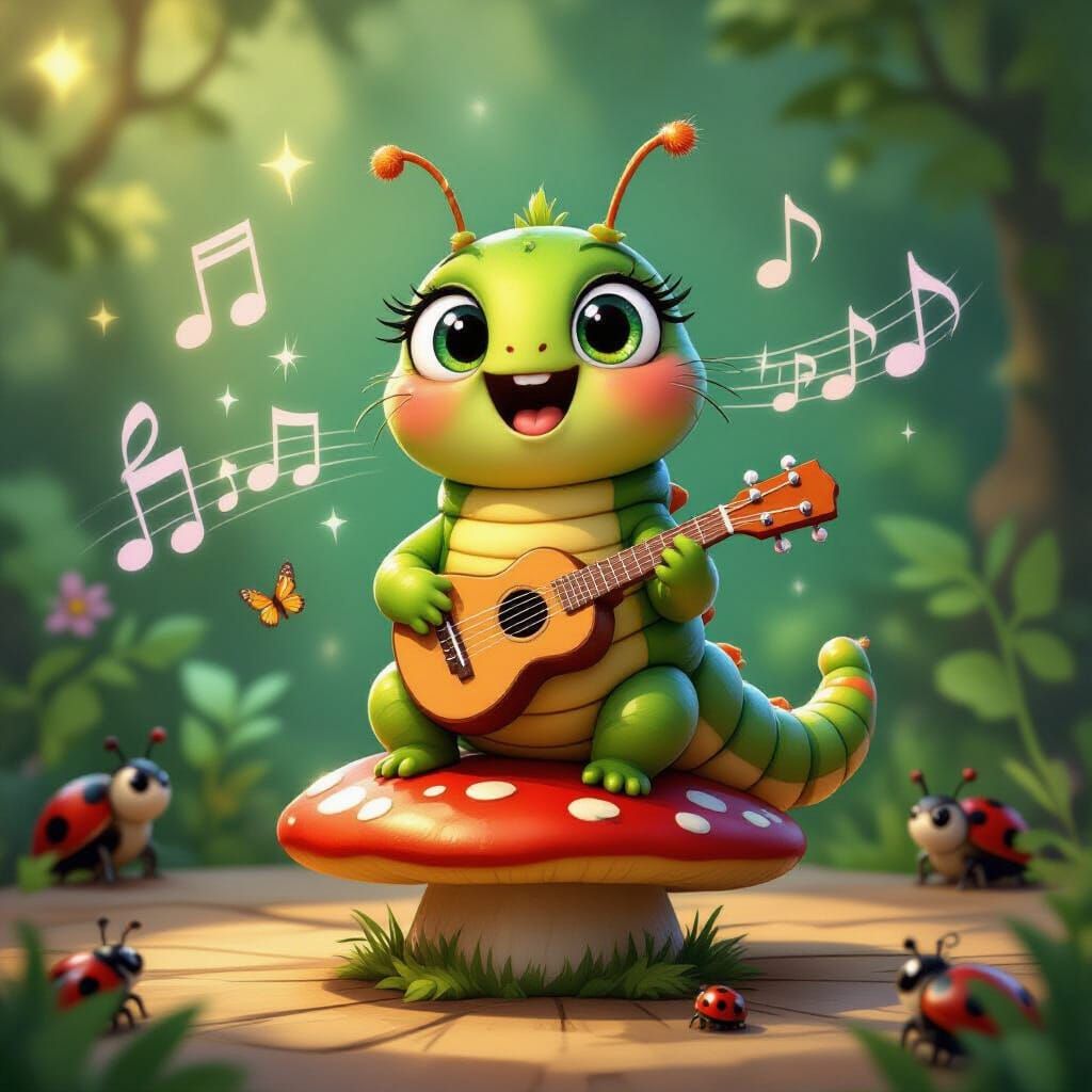 Animated Caterpillar's Forest Concert: Whimsical Digital Art