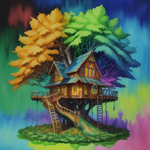 Marijuana Treehouse with Fireworks in Gouache Style