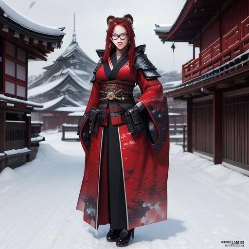 Snow Leopard Neko Samurai in Ancient Japan