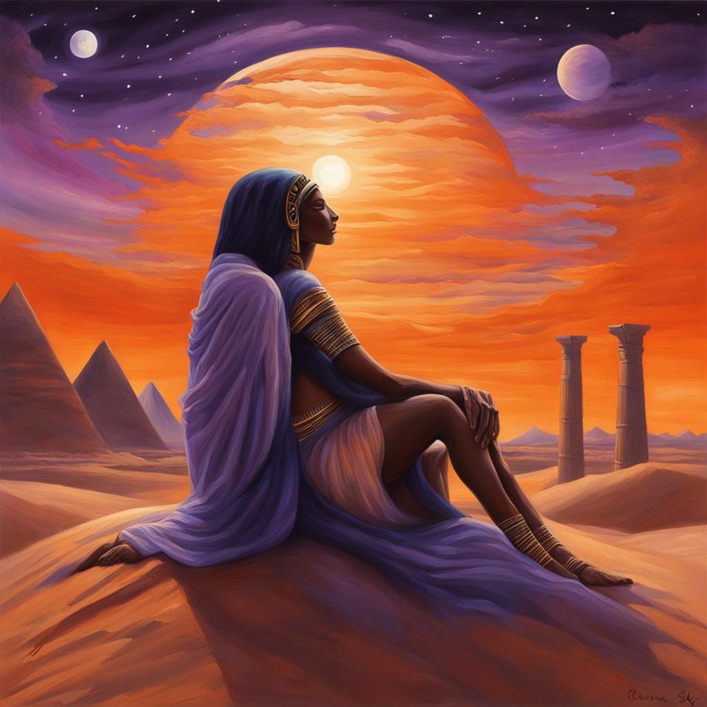 Egyptian Lady Embracing Creature, Detailed Matte Painting