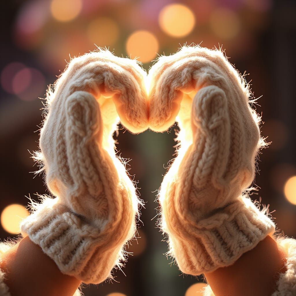 Fluffy Mittens Forming Heart with Dynamic Lighting
