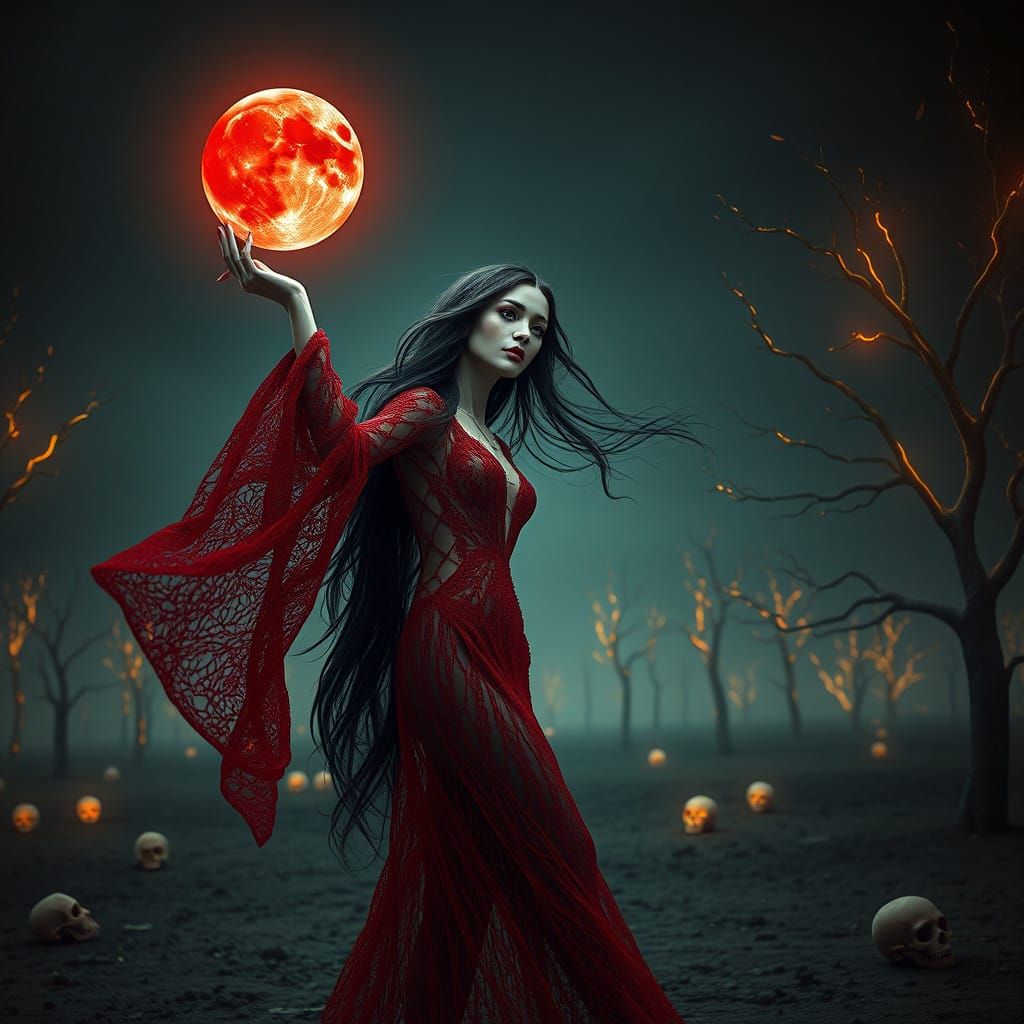 Ethereal Gothic Beauty Reaches for the Crimson Moon
