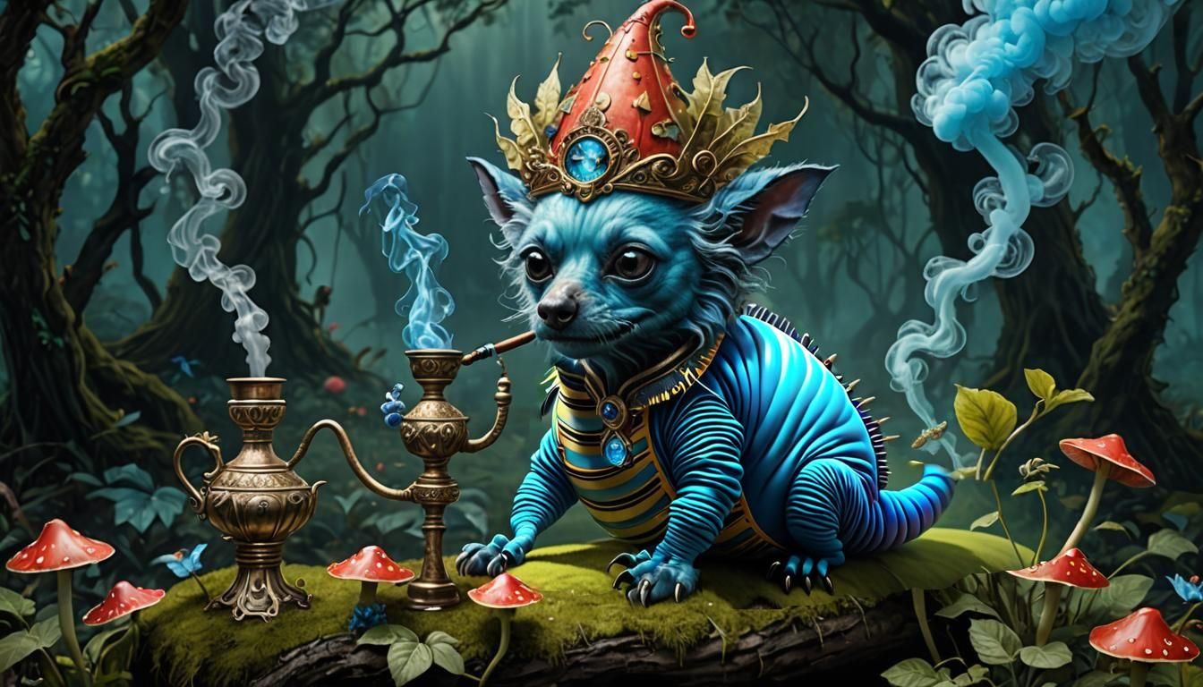 Surreal Caterpillar Smokes Hookah in Wonderland Style