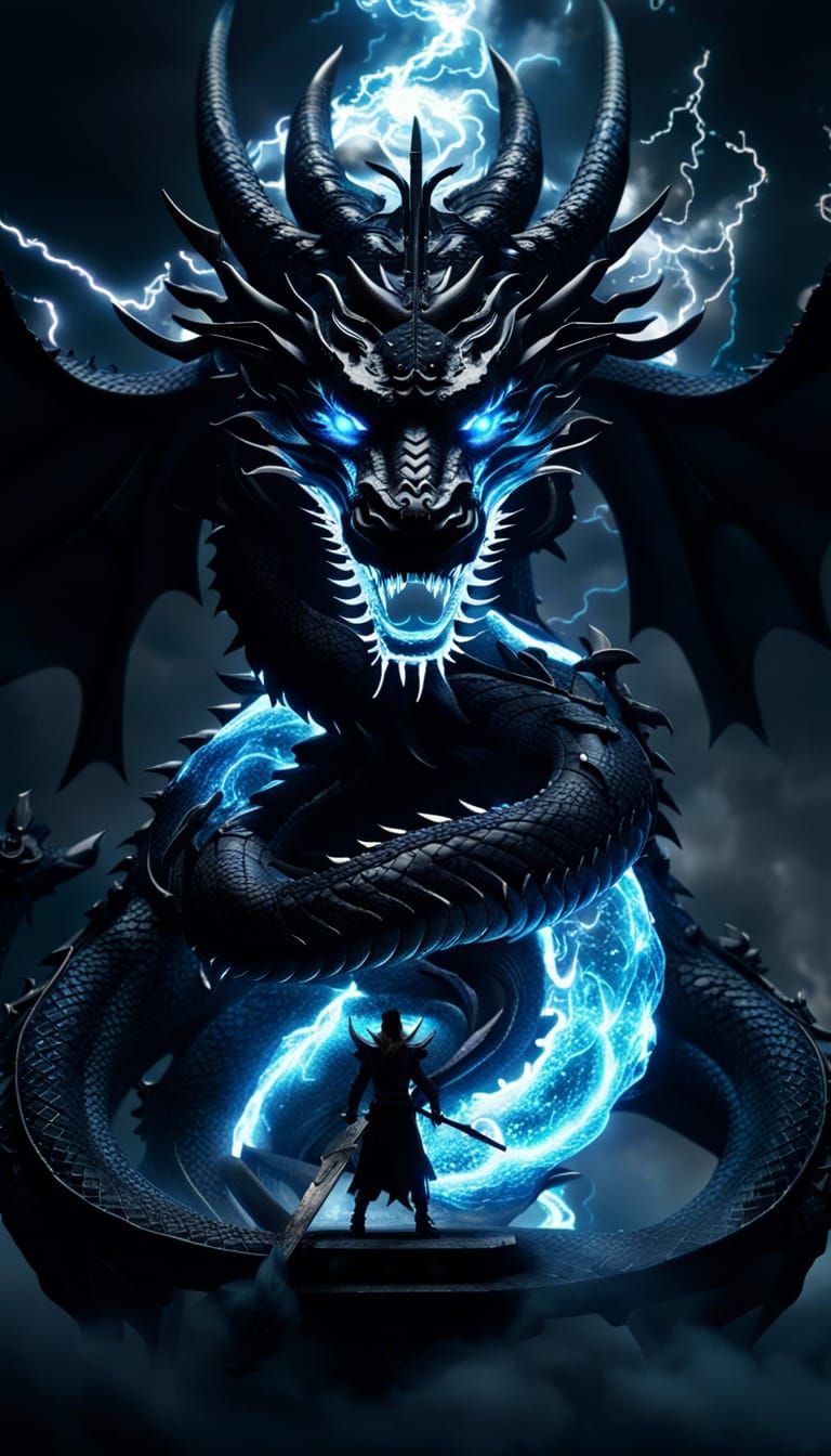 Black Dragon God with Levitating Swords