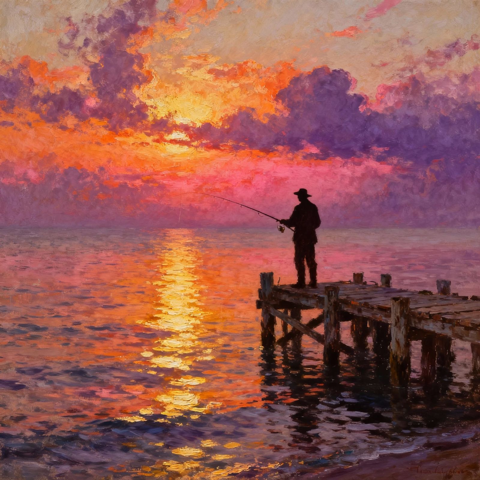 Fisherman at Sunset Over Reflective Sea