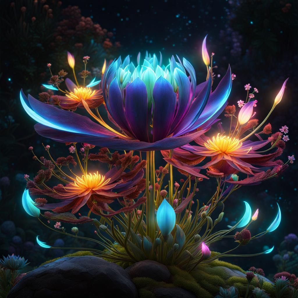 Bioluminescent Flowers in a Cosmic Garden
