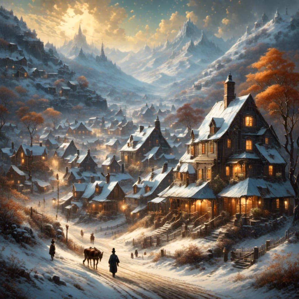 Snowy Mountain Village in Oil Painting Style