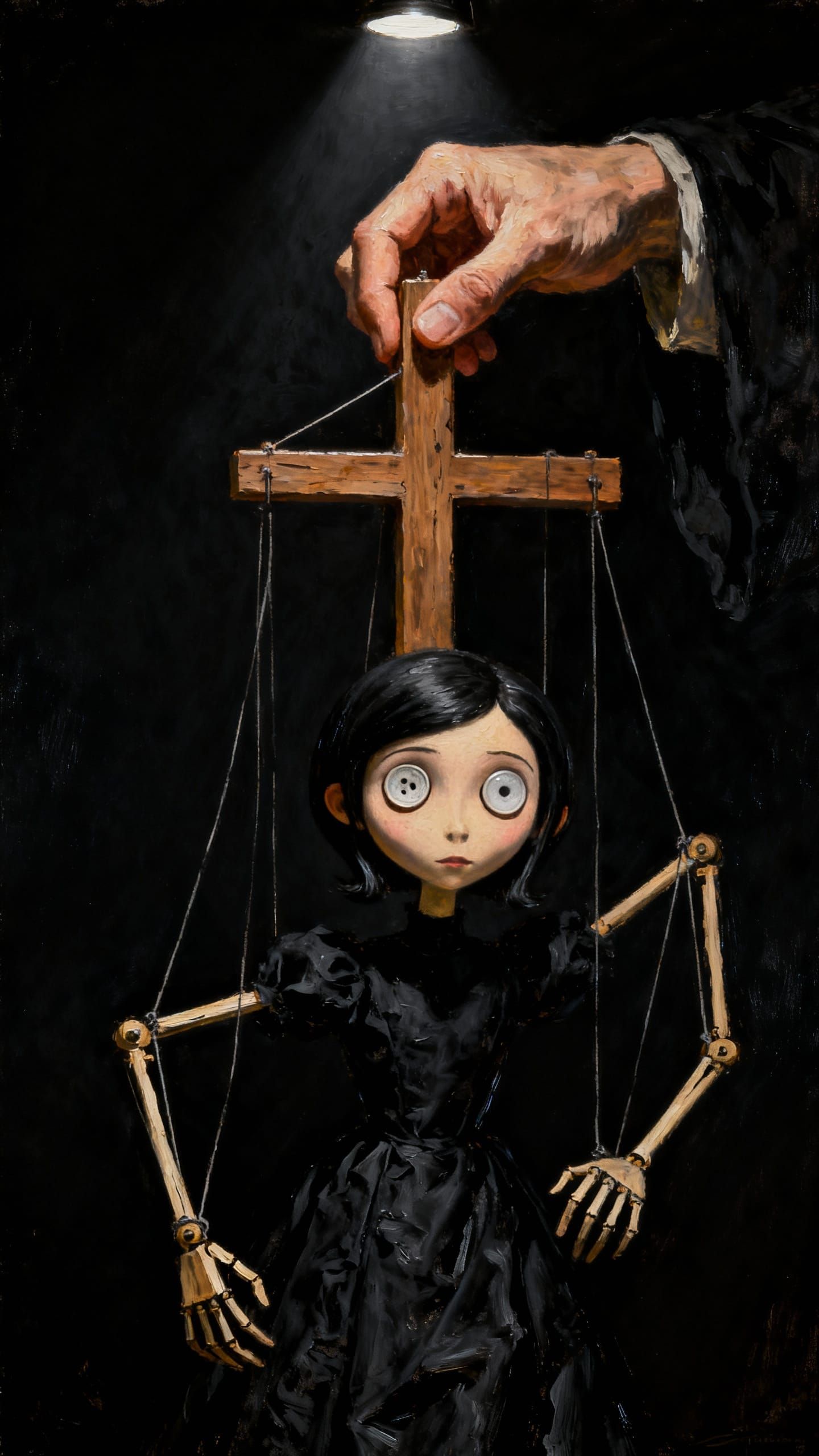 Giant Hand Controls Coraline Marionette in Oil Painting
