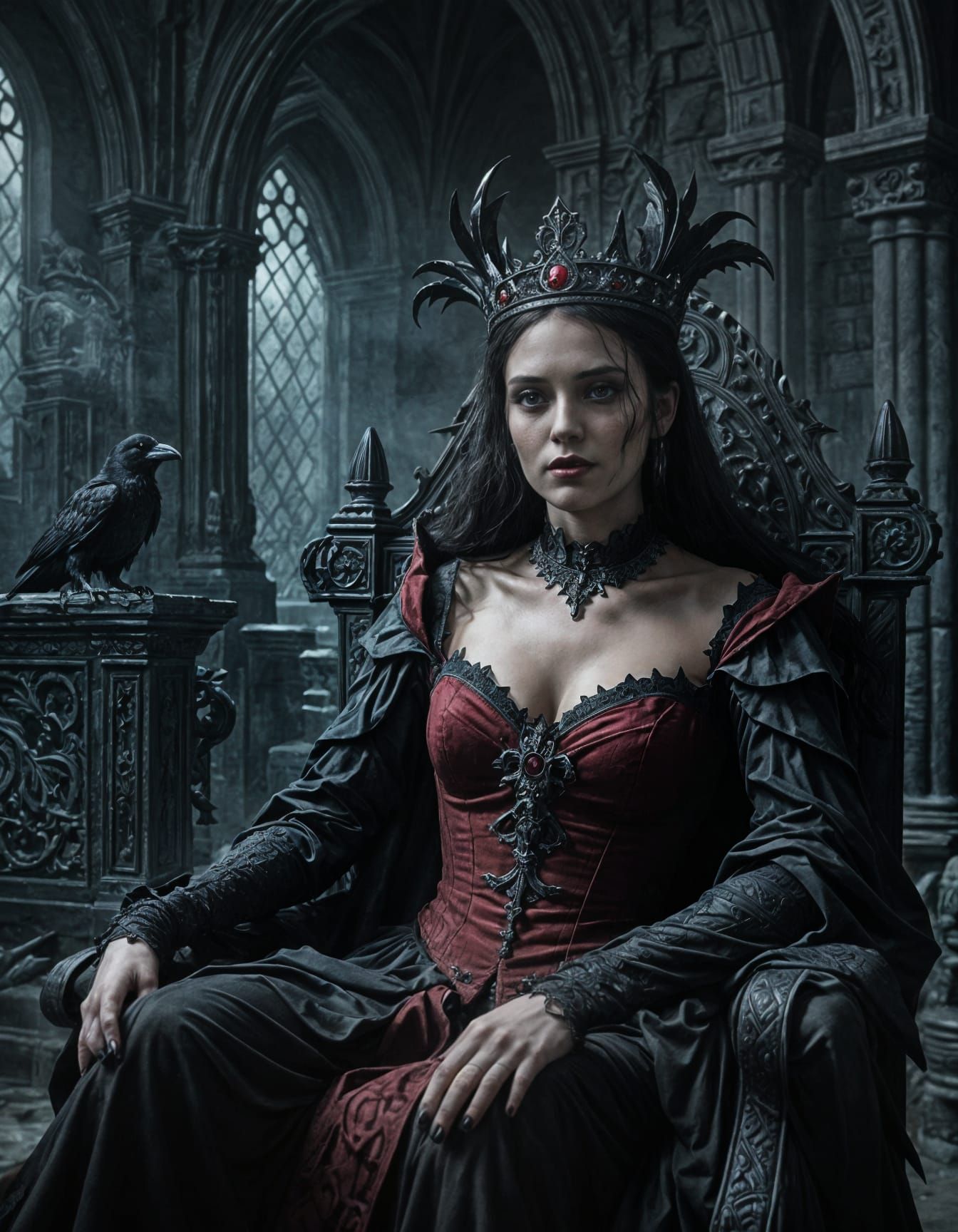 Gothic Raven Queen on Dark Throne