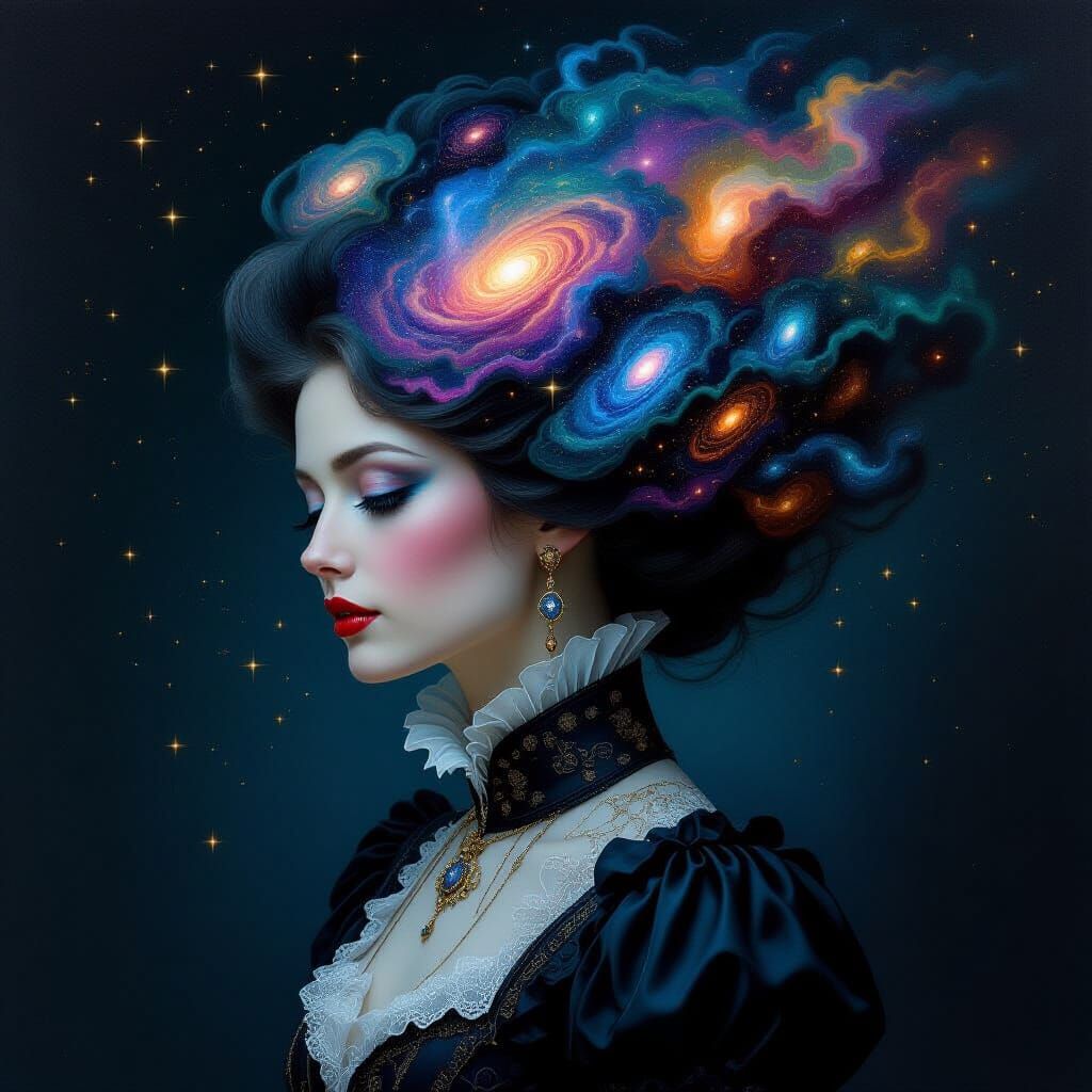 Surreal Woman with Galaxy Hair in Victorian Attire