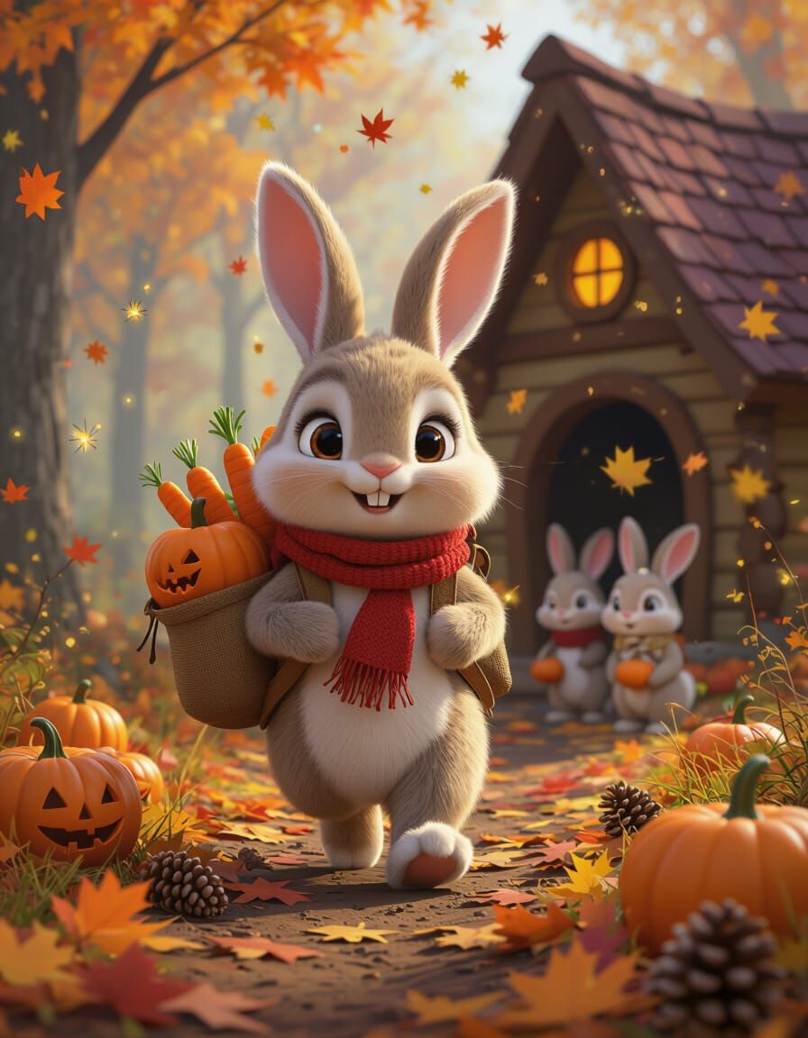 Mr. Bunny in Autumn Forest with Halloween Pumpkins