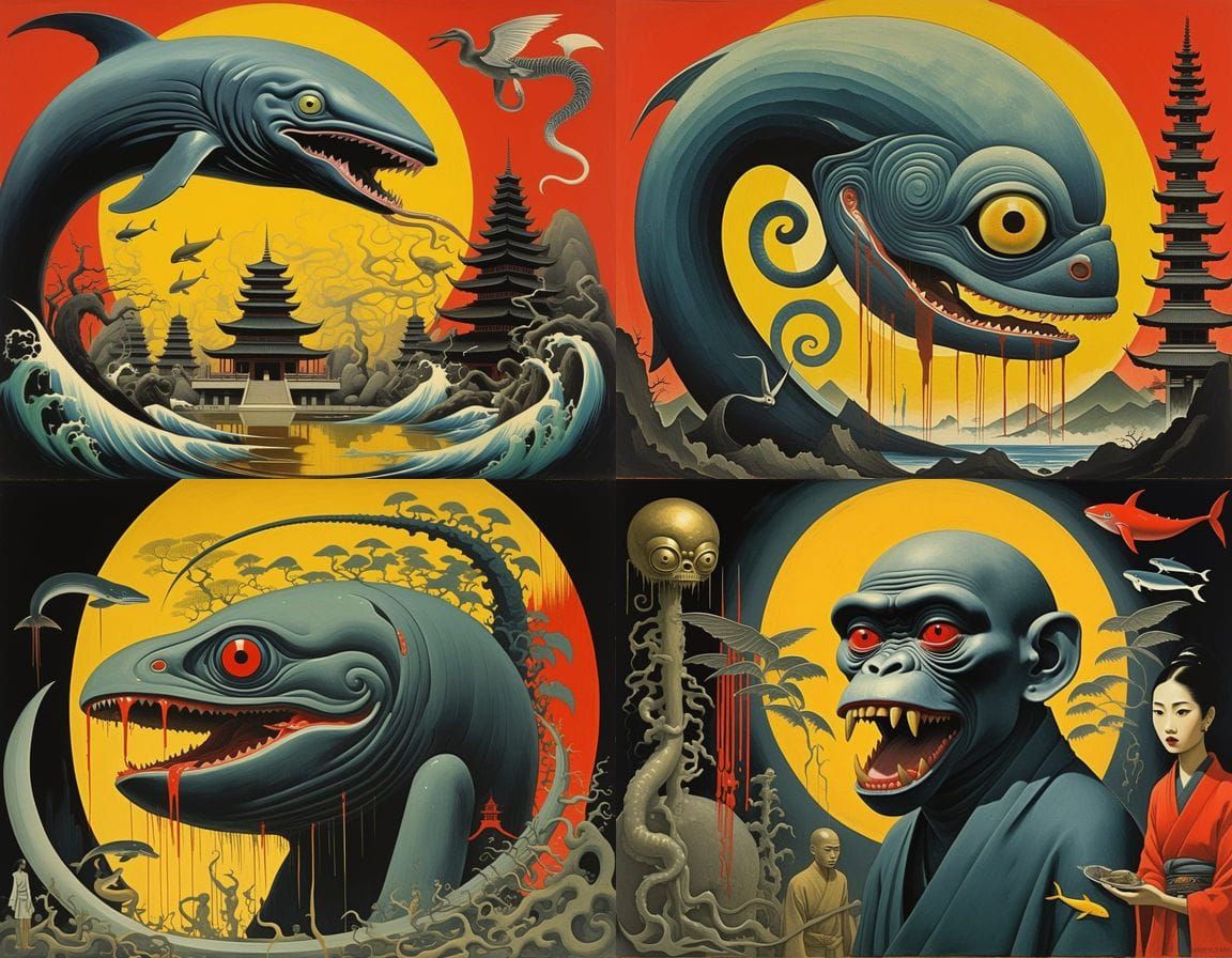 Surreal Asian Deco Horror: Monk with Mutant Creatures