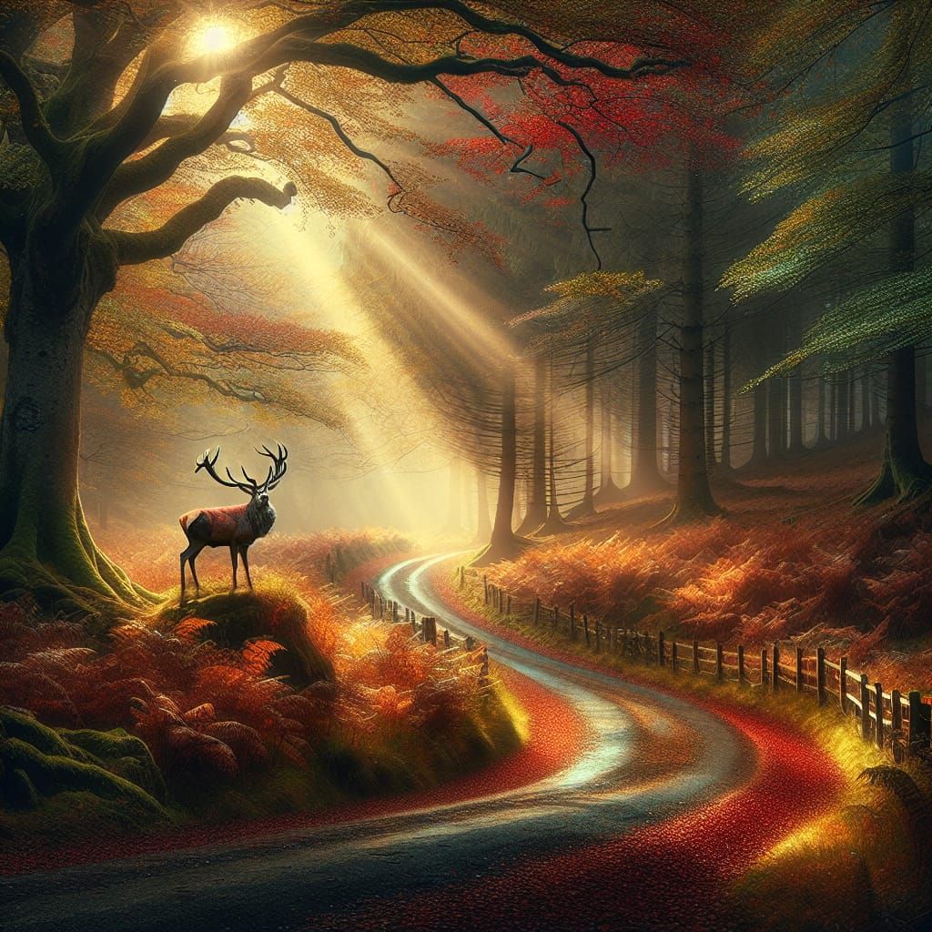 Majestic Stag on Autumn Road in Radiant Sunlight