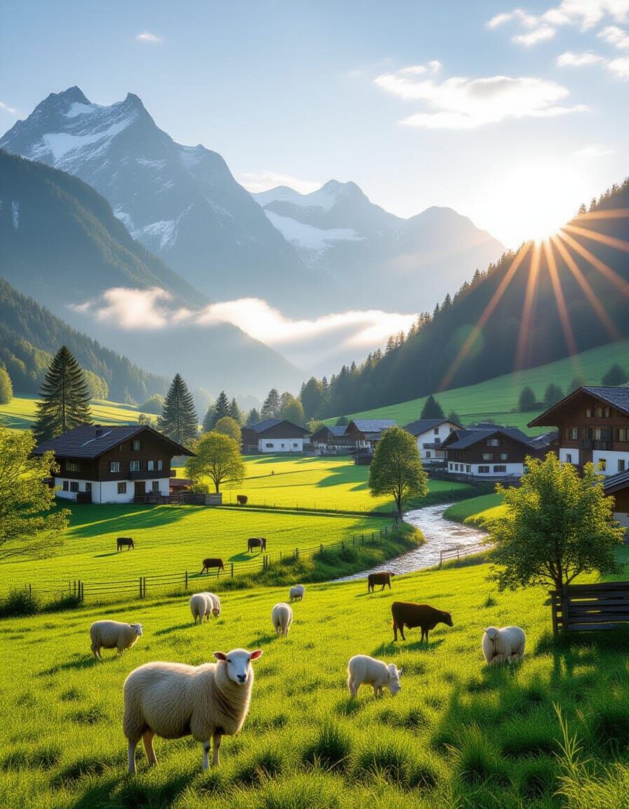 Serene Swiss Village Sunrise with Majestic Mountains