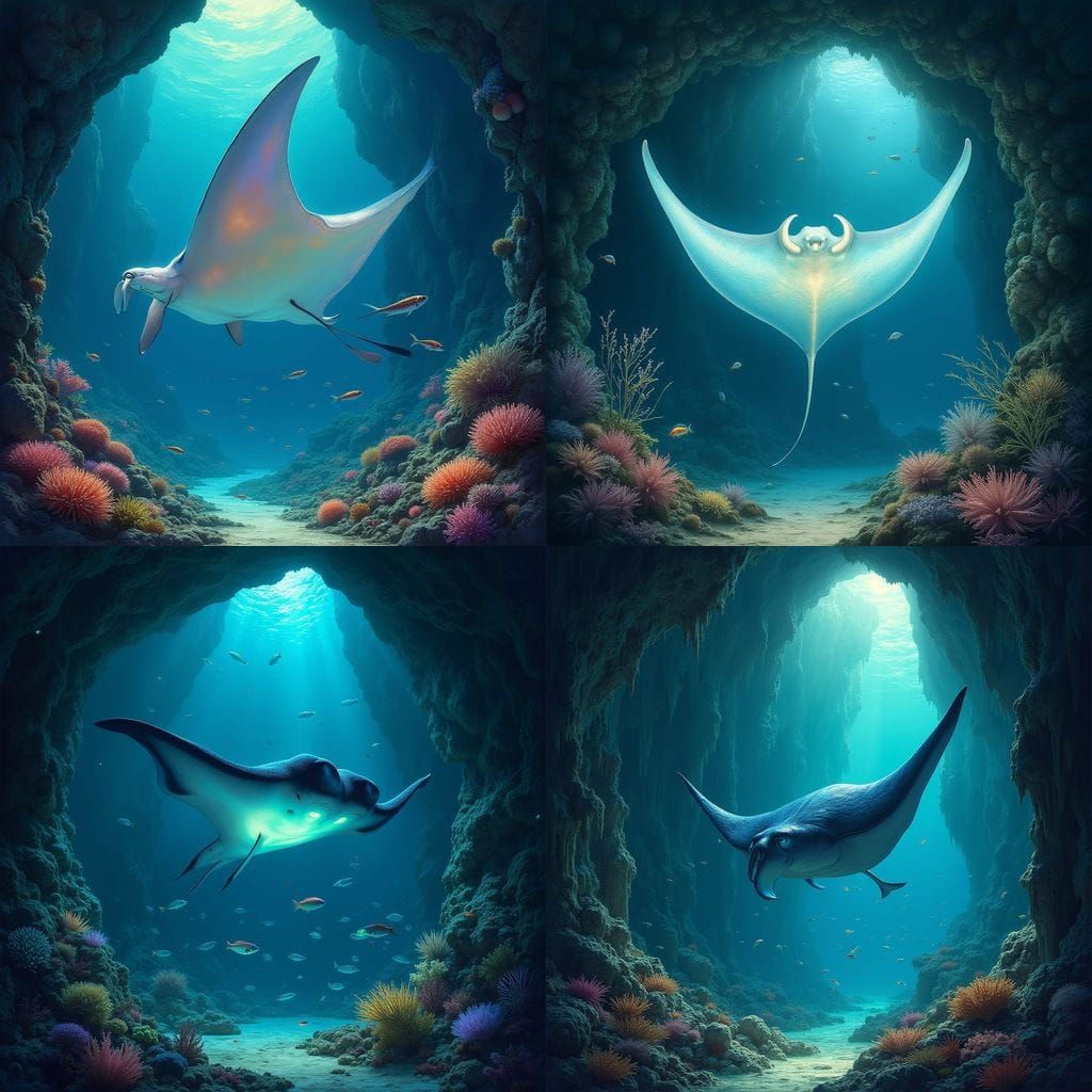 Glowing Manta Ray Explores Underwater Cave in Vibrant Scient...