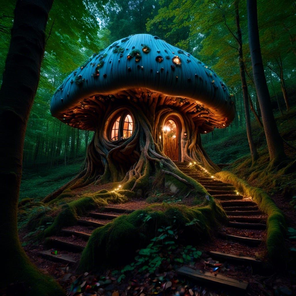 Enchanted Fairy Mushroom House in Bioluminescent Forest