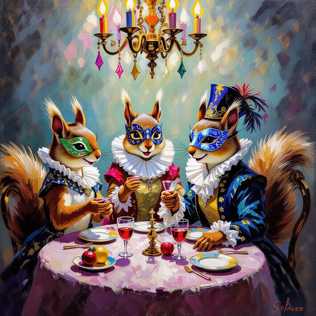 Squirrels' Renaissance Masquerade Ball: Neo-Impressionist Oi...