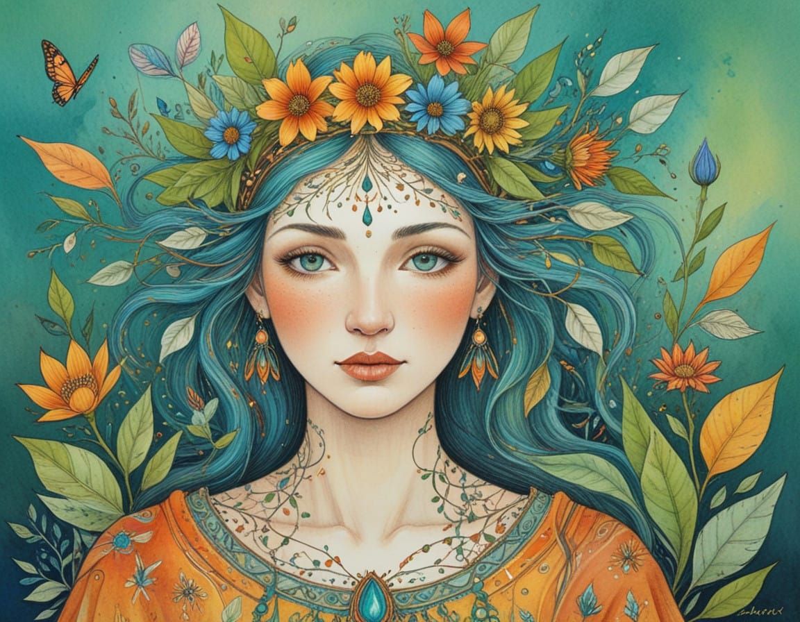 Goddess of Nature in Vibrant Cartoon Style