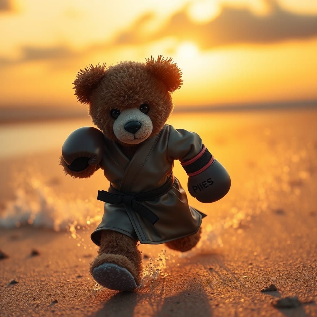 Teddy Bear Boxer Training on Beach at Sunset