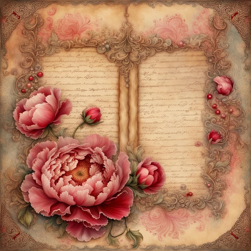 Vintage Rococo Peony Watercolor with Lace and Pearls