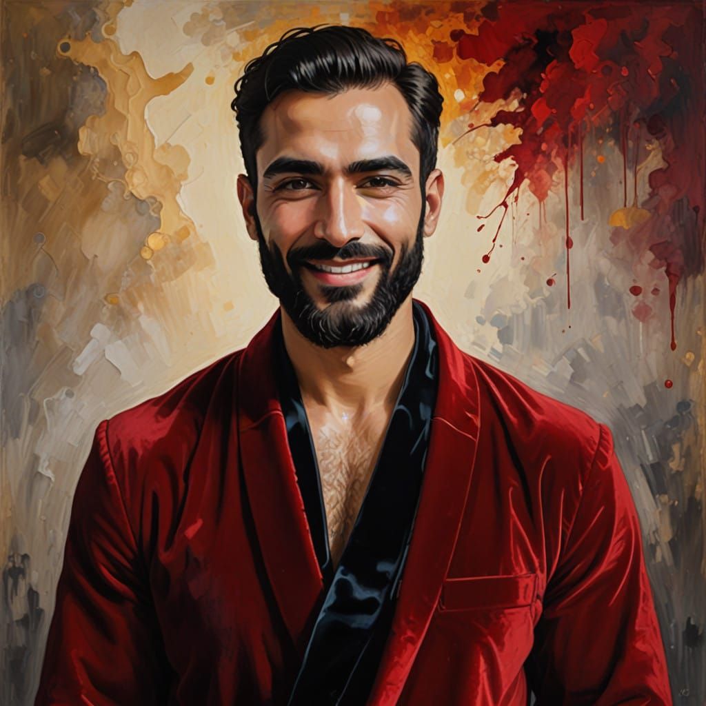 Attractive Man in Red Velvet Robe with Golden Halo