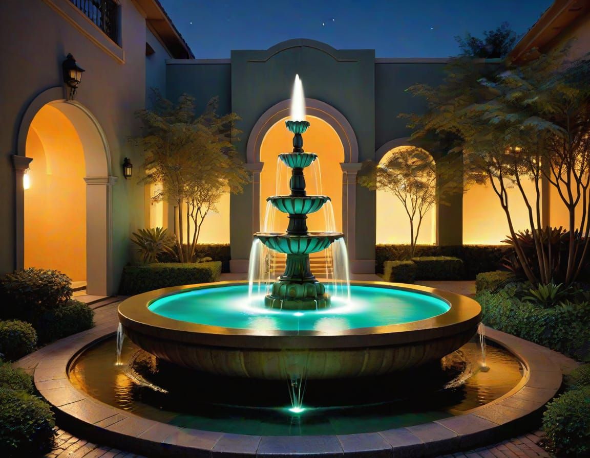 Glowing Art Deco Fountain in Moonlit Courtyard