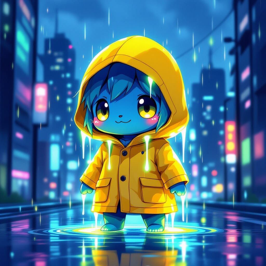 Chibi Slime Creature in Anime-Inspired Cityscape