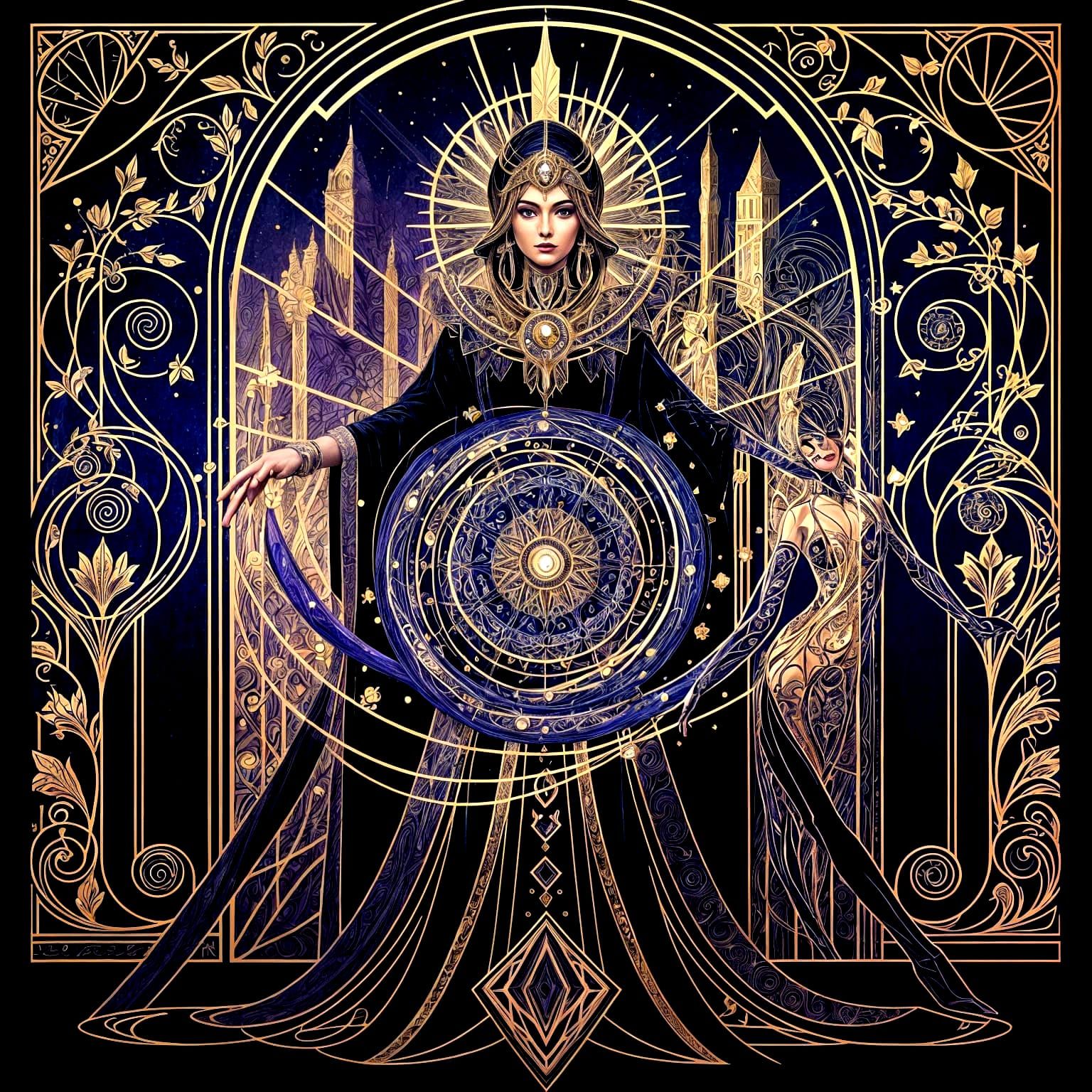 Art Deco Witch Conjuring Cosmic Energy in 1920s Style