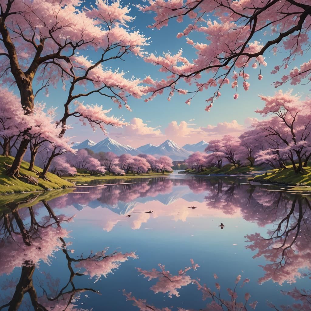 Lakeside Cherry Blossom Reflection at Sunset