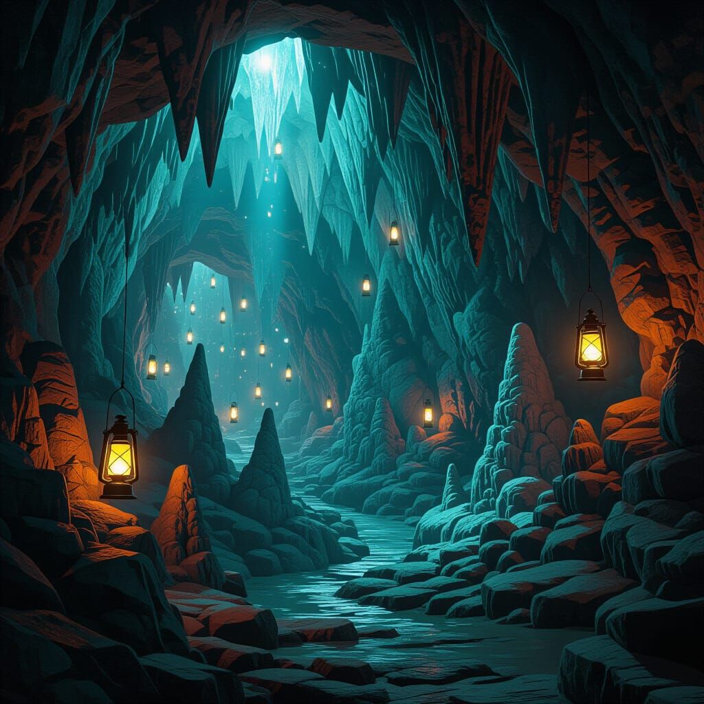 Mystical Lantern Cave in Dystopian Style