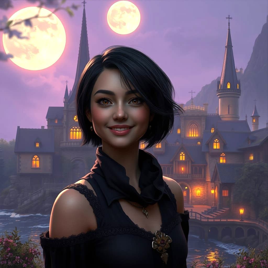 A young woman with short dark hair smiles in front of a charming coastal town.