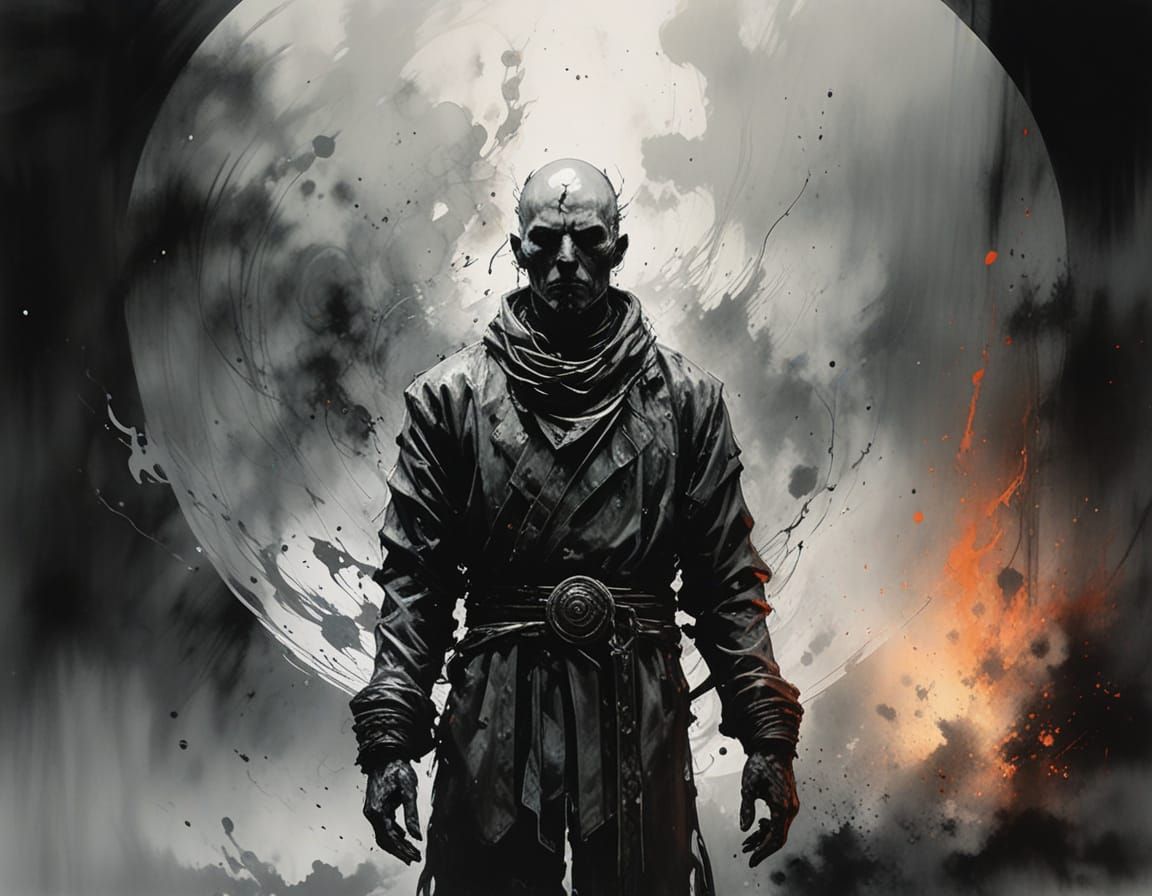 Ominous Figure Surrounded by Swirling Aura in Ink