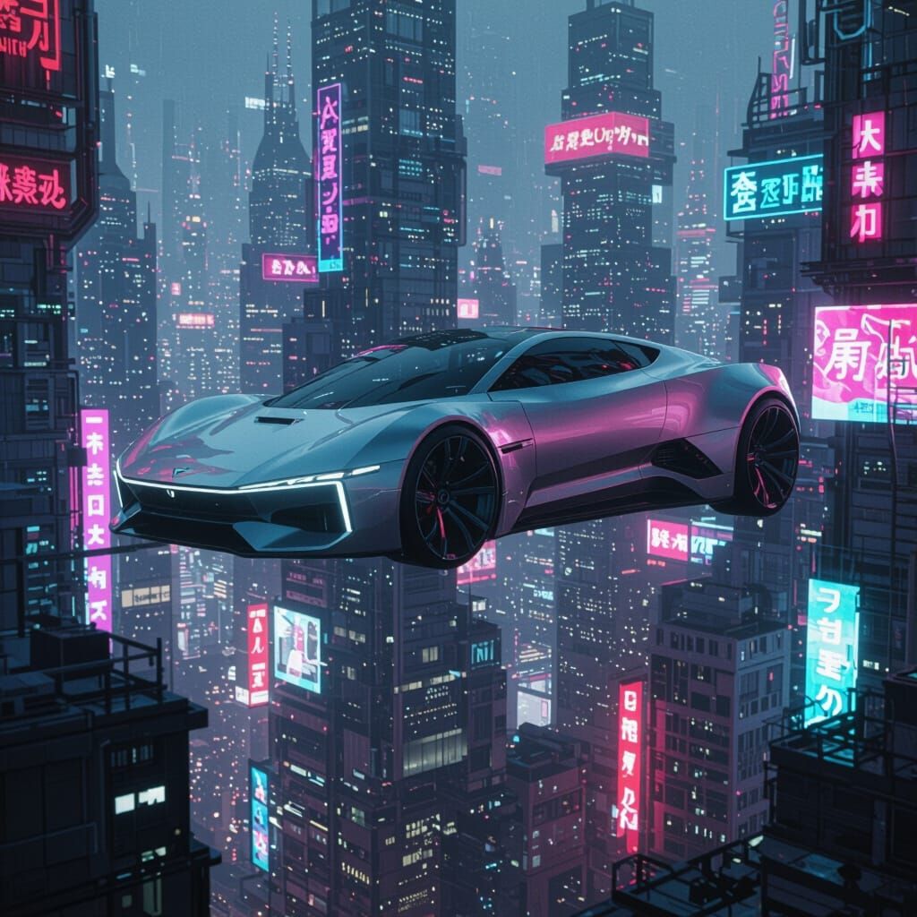 Futuristic Silver Car Over Tech City in Cyberpunk Style