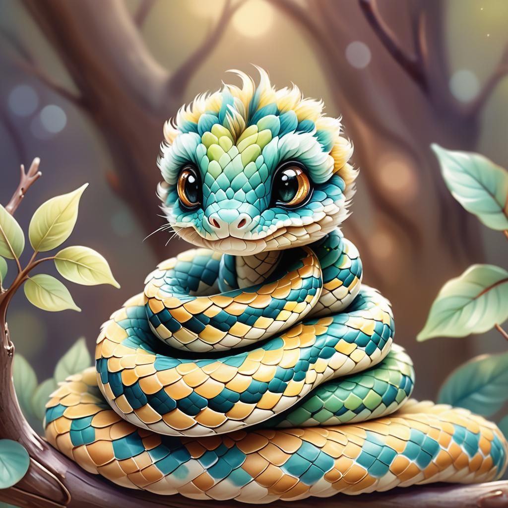 Adorable Furry Baby Snake in Watercolor Illustration