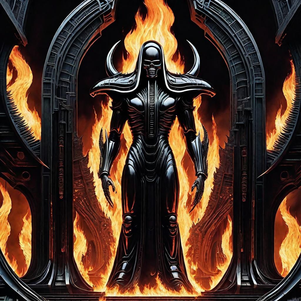 Infernal Cyberpunk Landscape with Hooded Figures