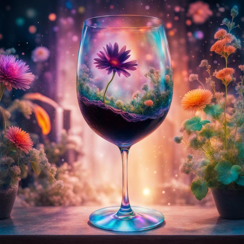 Surreal Black Wine Over Garden in Astral Illustration