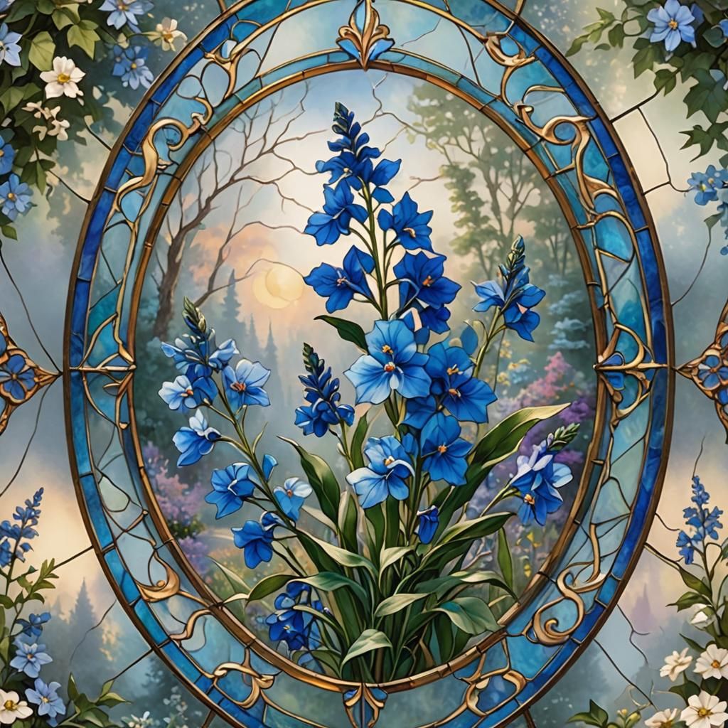 Ethereal Stained Glass Larkspur in a Luminous Style