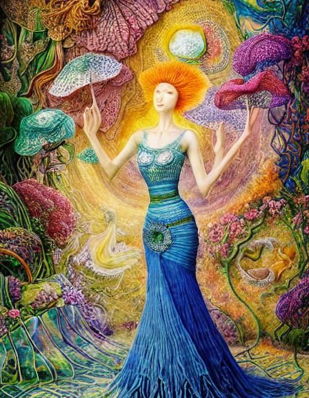 Woman Dancing in Surreal Sun and Moon Flower