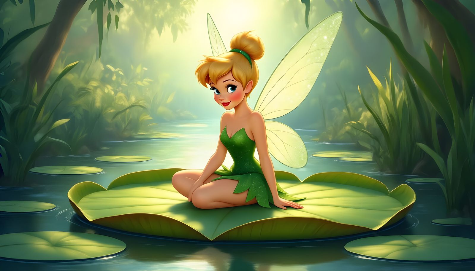 Tinkerbell on a Lilypad in Realistic Disney Style