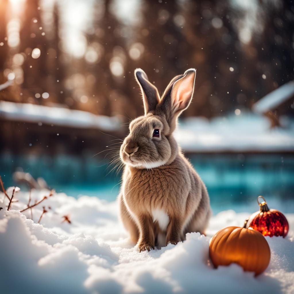 Whimsical Christmas Bunny in Snowy Autumn Scene